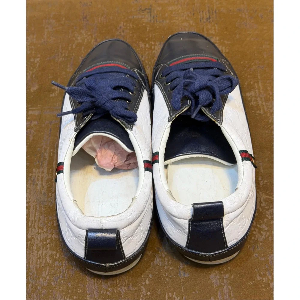 Gucci Low Top Sneakers Navy White Guccissima Leather Web Stripe Mens 10